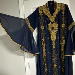 Beautiful Royal Blue and Gold Kaftan/Dress with bell sleeves and a tie back belt